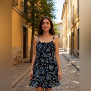 Elle Black and Blue Floral Mini Dress w/ pockets